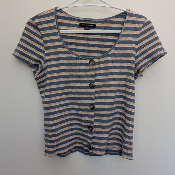 American Eagle Women’s Striped Ribbed Scoop Neck Button Up Top – Size M - Picture 2 of 7